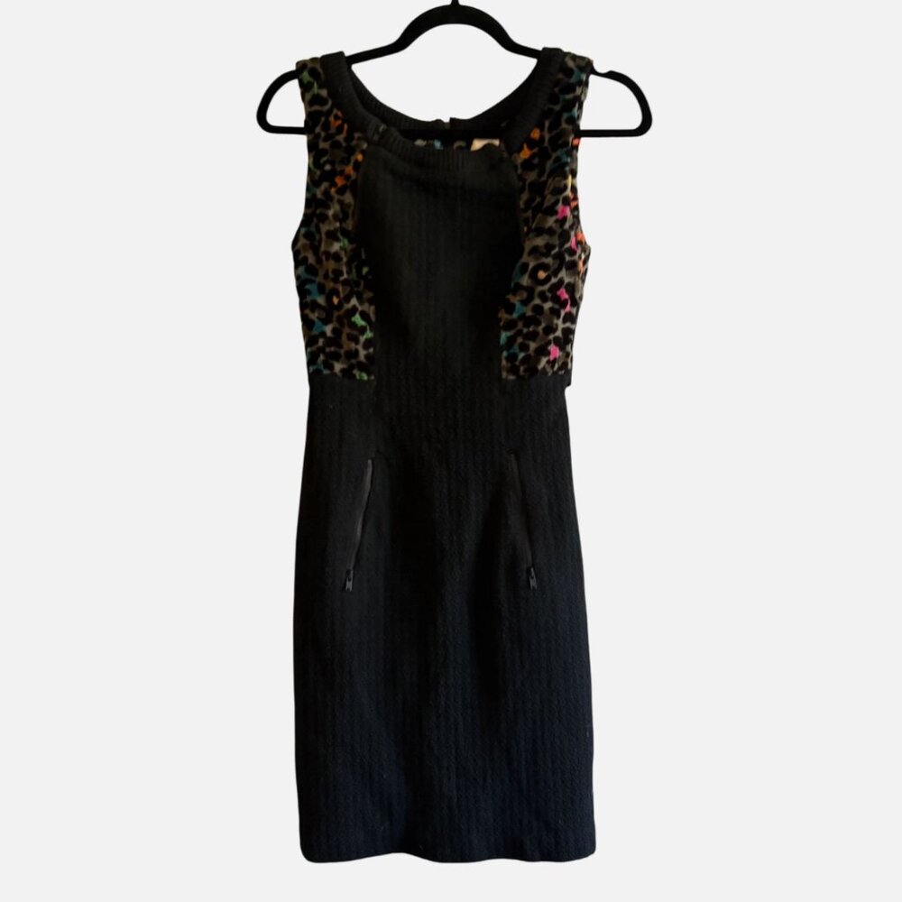 Tracy Reese Black Colorful Cheetah Print Textured Sheath Dress Corset Tie Size 2